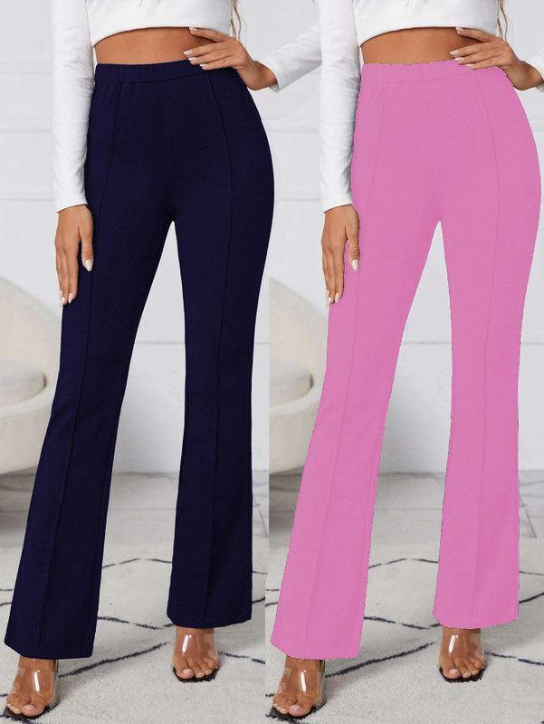 Pack of 2 Women Regular Fit Blue, Pink Cotton Blend Trousers