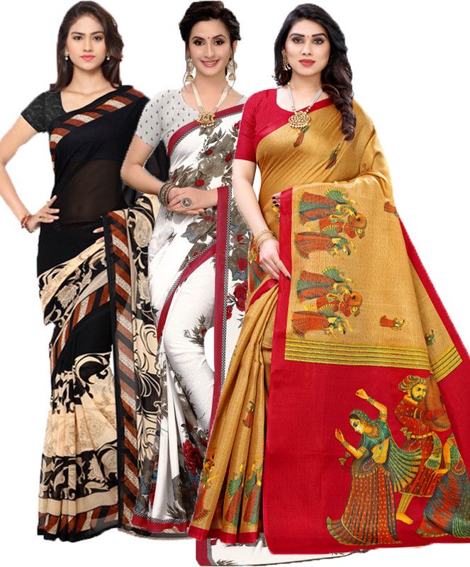 Geometric Print Bollywood Georgette Saree  (Pack of 3, Black, White, Cream)