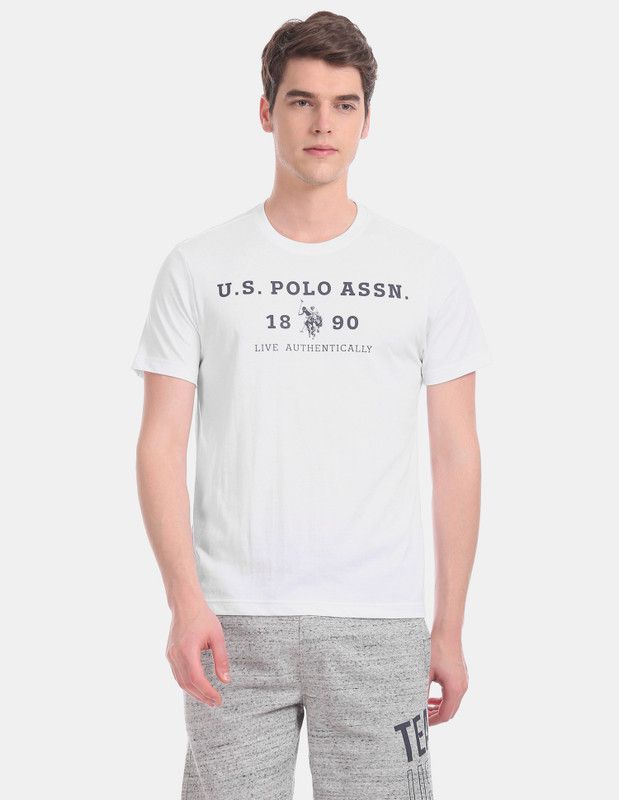USPA Men Solid Round Neck Cotton Blend White T-Shirt