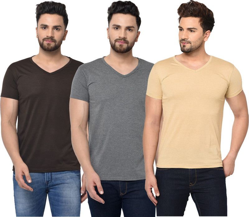 Pack of 3 V neck Combo T-shirts Men Solid V Neck Cotton Blend Brown, Beige, Grey T-Shirt