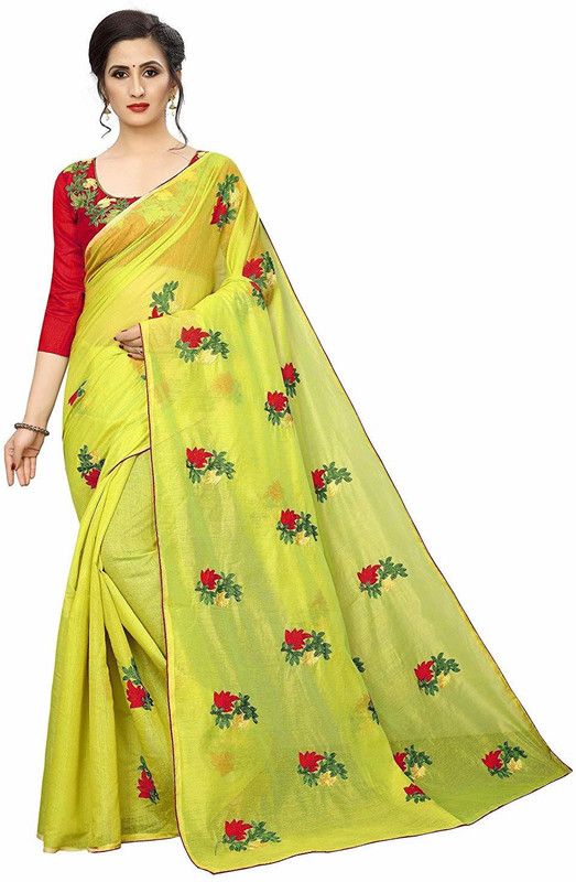 Embroidered Chanderi Cotton Silk Saree  (Light Green)