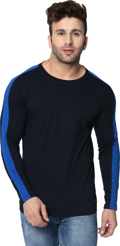 Men Striped Round Neck Cotton Blend Blue, Black T-Shirt