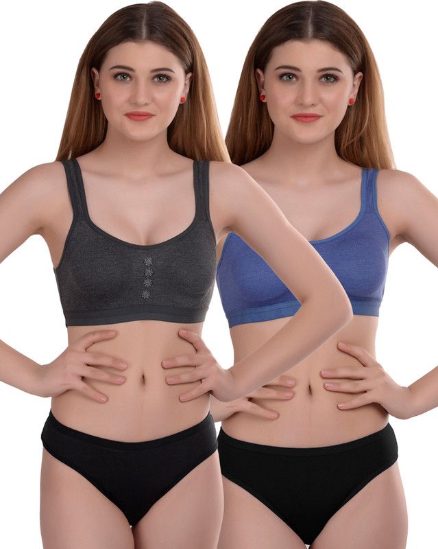 Bra & Panty Set Solid Grey, Blue Lingerie Set