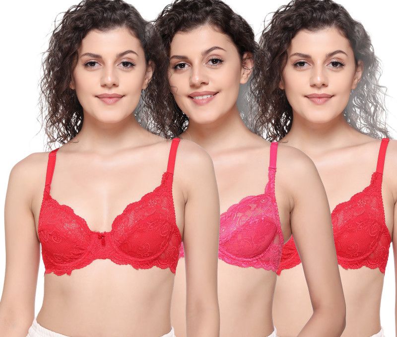 Pack of 3 Women Full Coverage Non Padded Bra  (Red, Pink, Red)