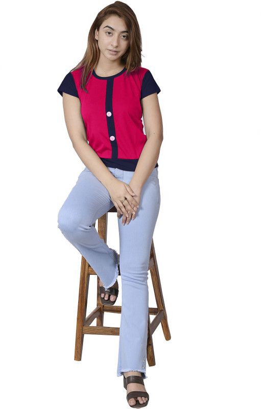 Women Colorblock Round Neck Cotton Blend Red, Blue T-Shirt