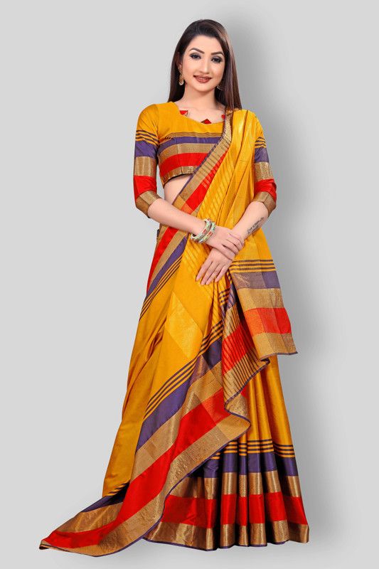 Striped Kanjivaram Cotton Silk Saree  (Gold)