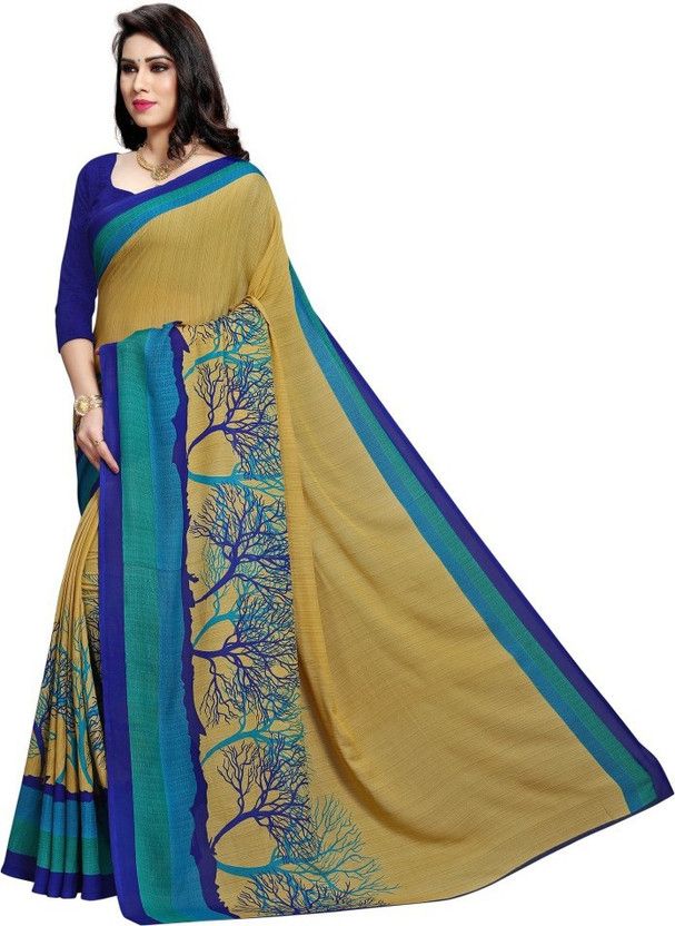 Printed Bandhani Georgette Saree  (Blue, Yellow)