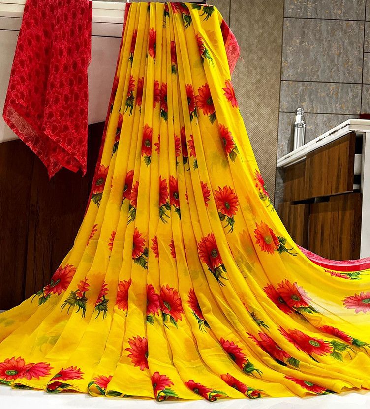 Printed, Animal Print, Ombre, Dyed, Polka Print, Checkered, Color Block, Applique, Striped, Woven Bandhani Georgette, Chiffon Saree  (Pack of 2, Red, Yellow)