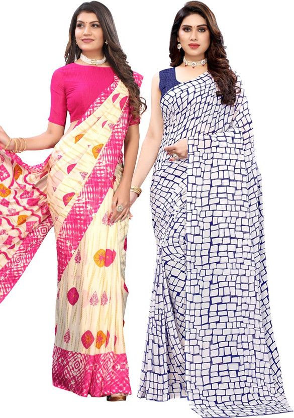 Printed Daily Wear Georgette Saree  (Pack of 2, White, Cream)