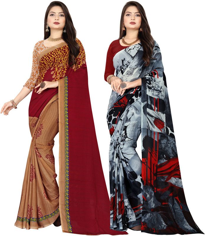 Printed Daily Wear Georgette Saree  (Pack of 2, Brown, Maroon, Grey)