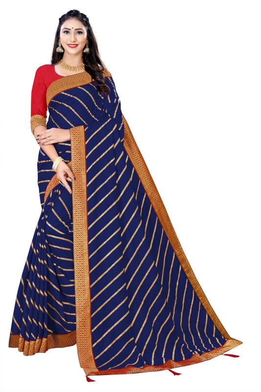 Striped Bollywood Art Silk Saree  (Gold, Blue)