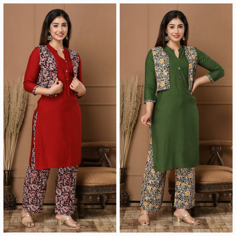 Women Viscose Rayon Ethnic Jacket, Kurta and Palazzo/Trouser Set