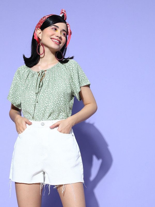Casual Flared Sleeves Floral Print Women Green Top