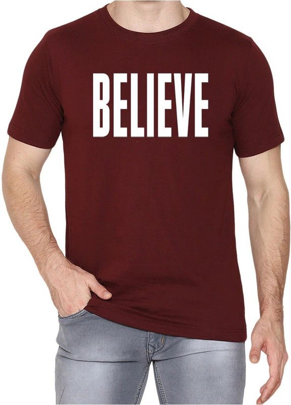 307 Men Printed Round Neck Poly Cotton Maroon T-Shirt
