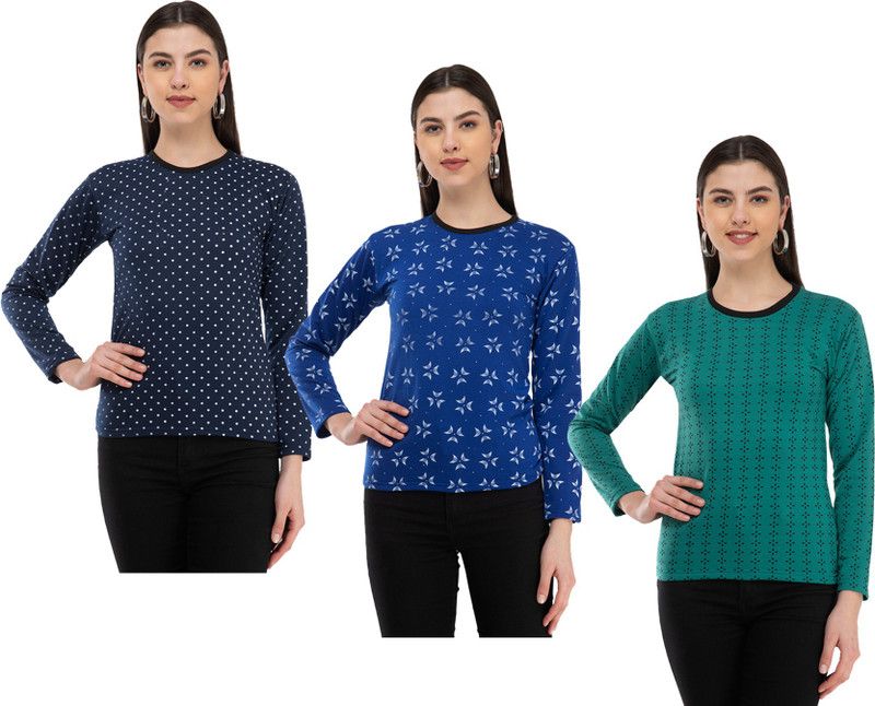 Pack of 3 Women Printed Round Neck Wool Blend Multicolor T-Shirt