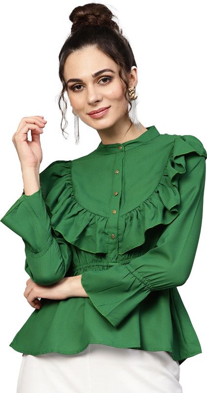 Girls Casual Poly Georgette Ruffled Top  (Green, Pack of 1)