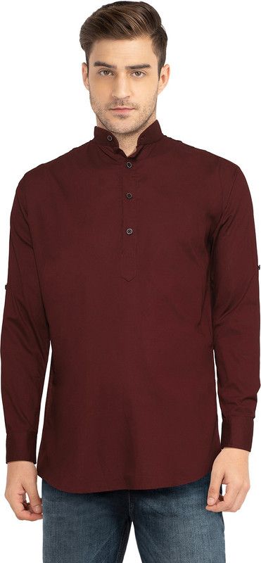 Men Self Design Cotton Linen Straight Kurta  (Maroon)