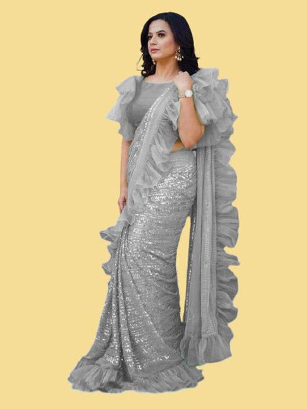 Embroidered, Graphic Print Bollywood Georgette Saree  (Grey)