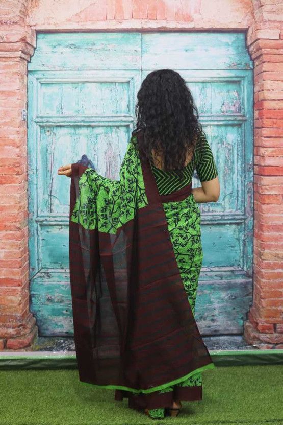 Printed Daily Wear Pure Cotton Saree  (Green, Brown)