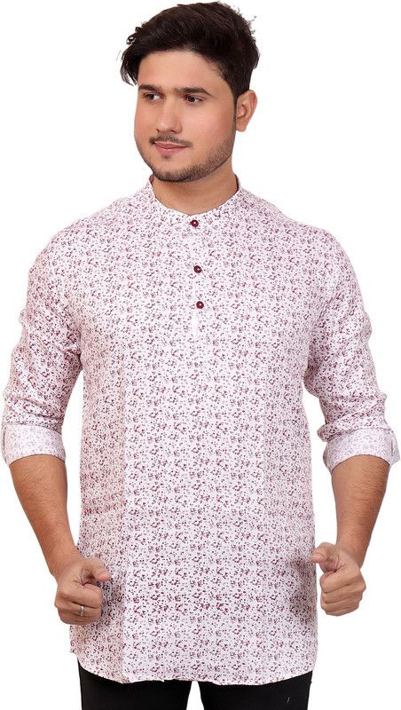 Men Printed Pure Cotton Straight Kurta  (White, Maroon)