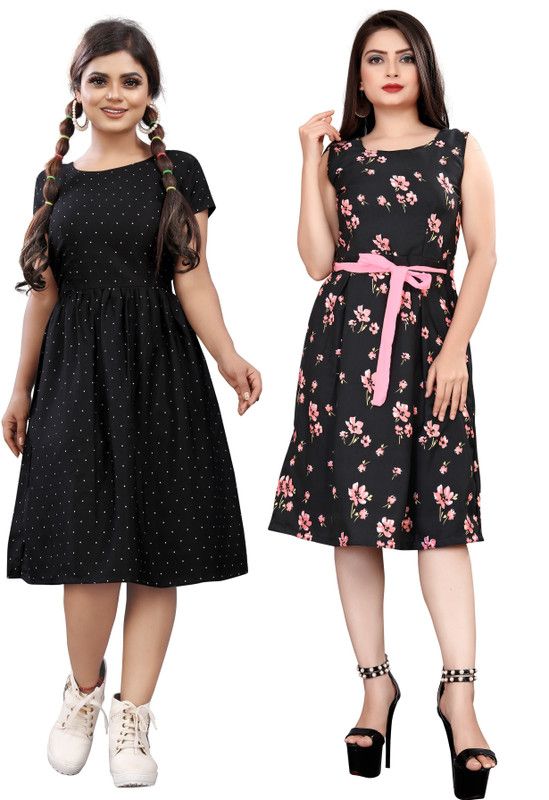 Women Skater Black, Black, Pink Dress