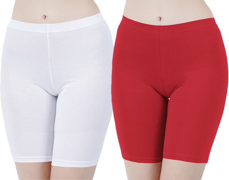 Pack of 2 Solid Women Red, White Cycling Shorts