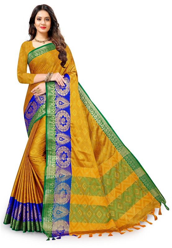 Solid/Plain Bollywood Cotton Silk Saree  (Yellow)