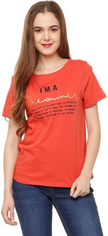People Red T Shirt Women Printed Round Neck Pure Cotton Red T-Shirt