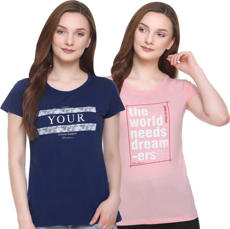 Pack of 2 Women Typography Round Neck Cotton Blend Blue, Pink T-Shirt