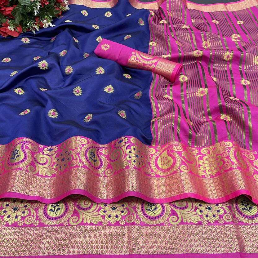 Self Design, Woven Banarasi Jacquard, Cotton Silk Saree  (Gold, Blue, Pink)