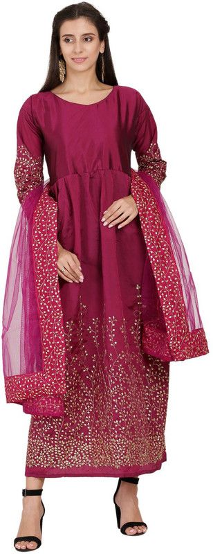Embroidered Art Silk Semi Stitched Flared/A-line Gown  (Purple)