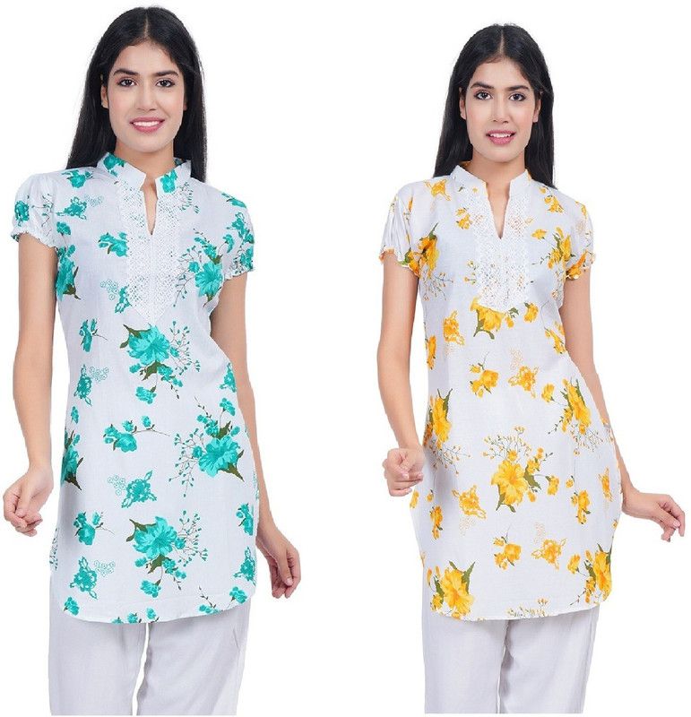 Pack of 2 Women Floral Print Pure Cotton Straight Kurta  (Green, Yellow)