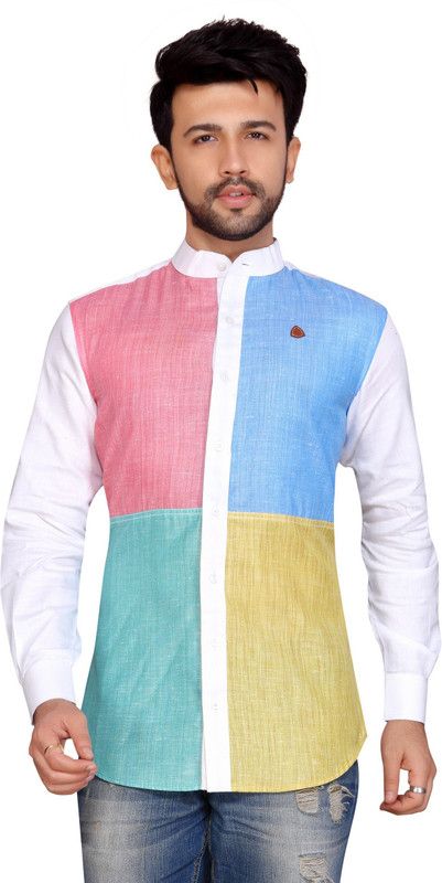 Men Regular Fit Color Block Mandarin Collar Party Shirt