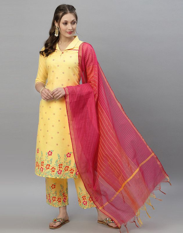 Women Silk Blend, Cotton Blend Kurta, Pant And Dupatta Set