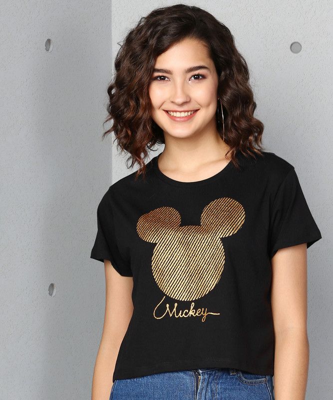 Graphic Print Women Round Neck Cotton Blend Black T-Shirt