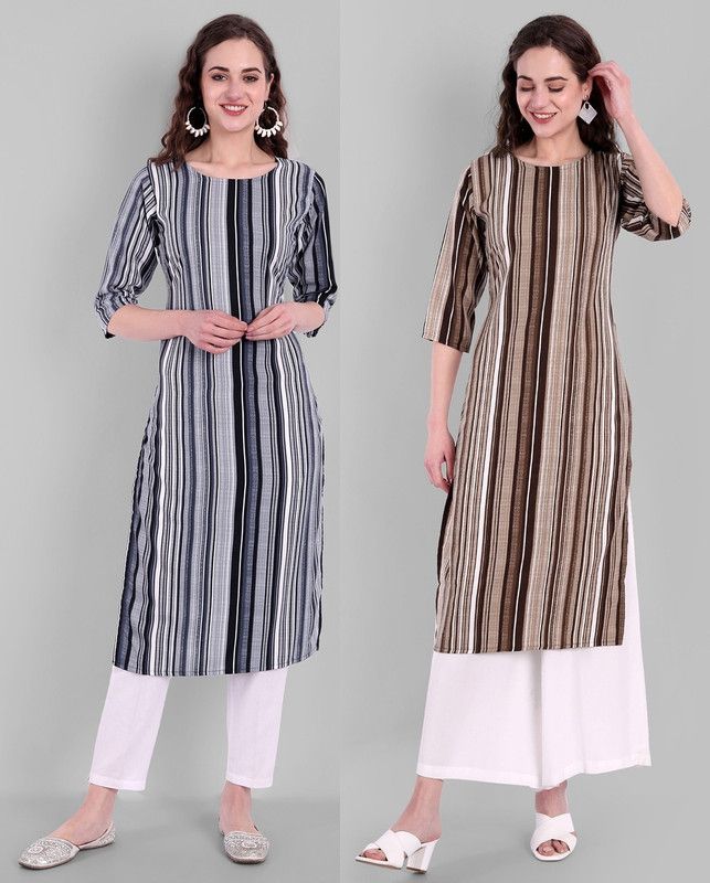 Pack of 2 Women Striped Crepe Straight Kurta  (Brown, Blue)