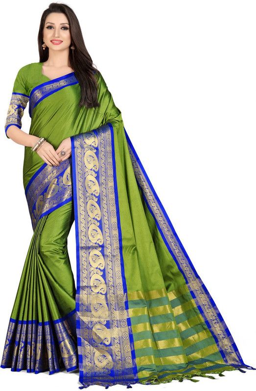 Woven Banarasi Silk Blend, Cotton Silk Saree  (Dark Green)