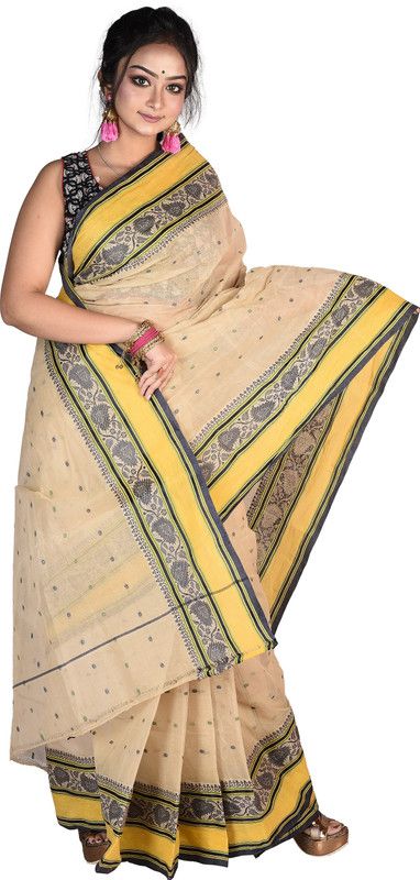 Handloom Pure Cotton Saree  (Beige)