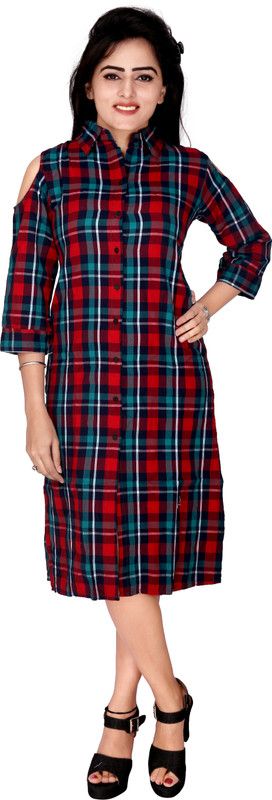 Casual Cold Shoulder Sleeves Checkered Women Red, Blue, Black Top