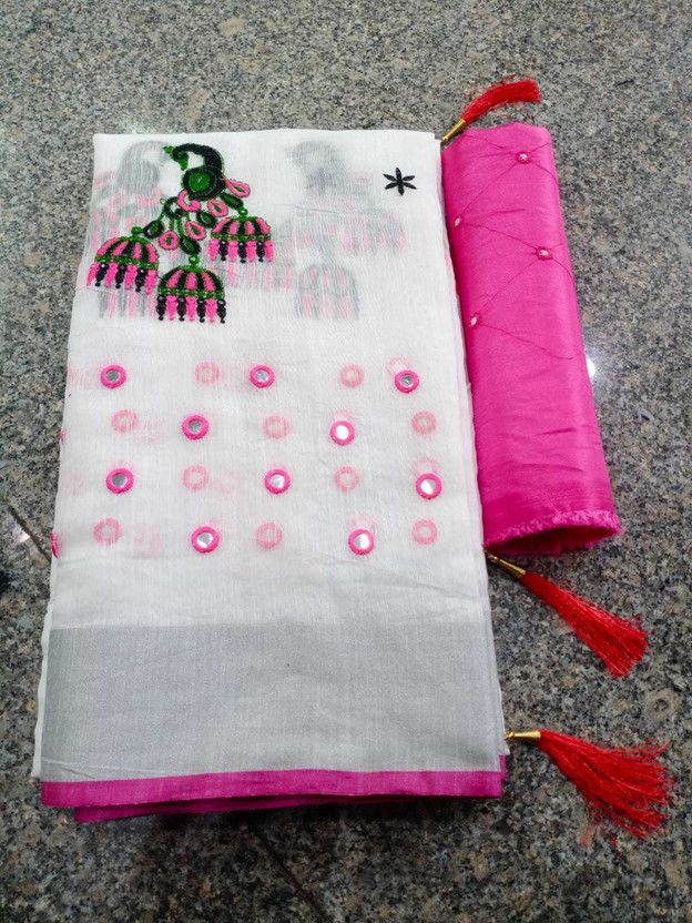 Embroidered Daily Wear Cotton Linen Saree  (White)