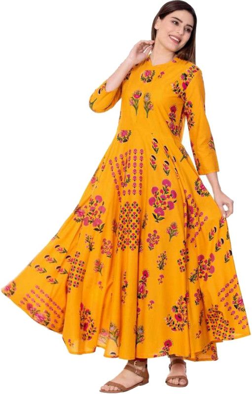Printed Rayon Blend Stitched Anarkali Gown  (Yellow, Pink)