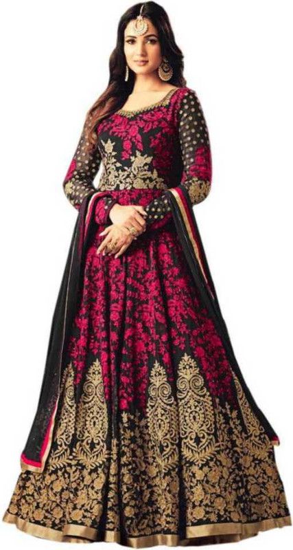 Embroidered Satin Semi Stitched Anarkali Gown  (Pink)