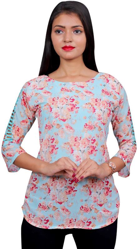 Casual Sleeveless Printed Women Blue, Pink, Beige Top