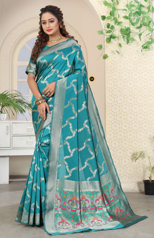 Printed, Self Design, Embellished, Woven, Floral Print, Blocked Printed Banarasi Jacquard, Silk Blend Saree  (Dark Green)