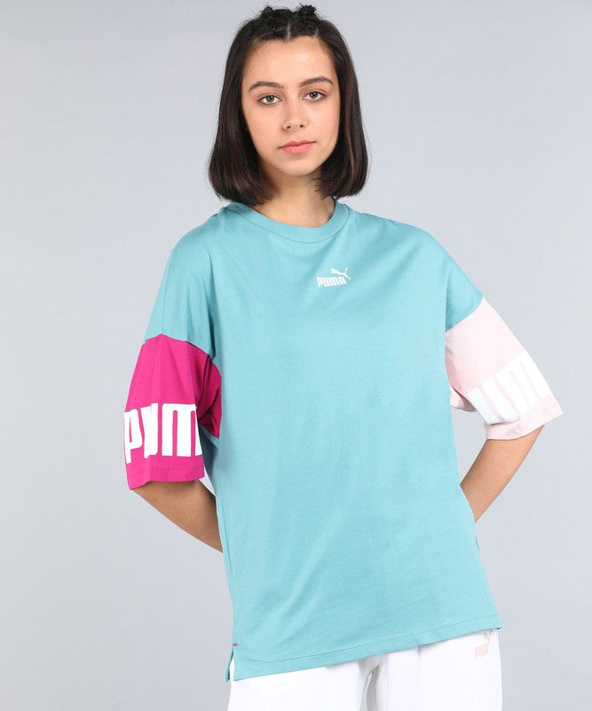 Power Colorblock Tee Women Colorblock Round Neck Cotton Blend Blue T-Shirt