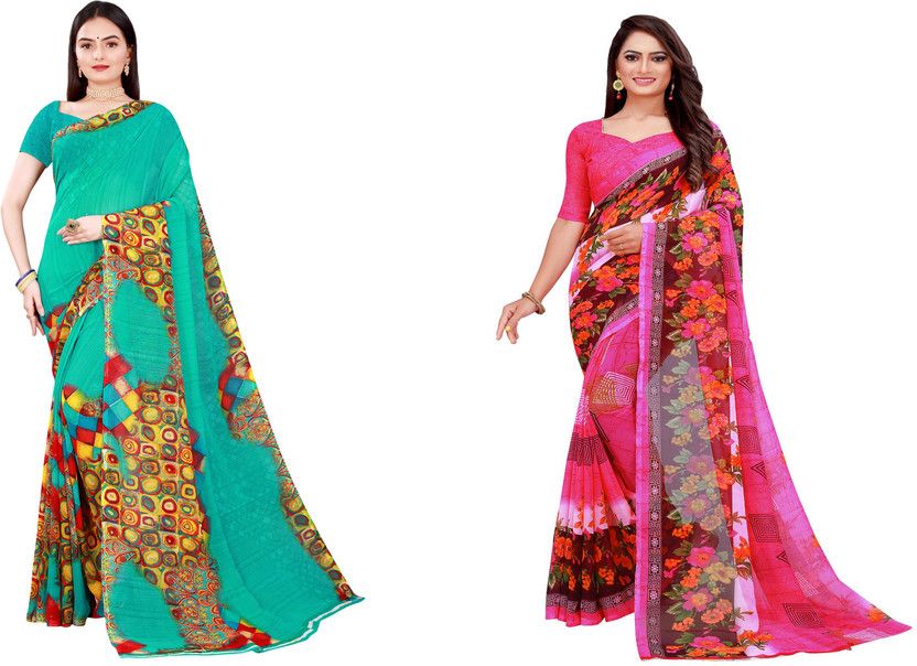 Printed, Floral Print Bollywood Georgette Saree  (Pack of 2, Green, Pink)