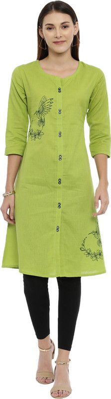 Women Printed Cotton Blend Frontslit Kurta  (Light Green)