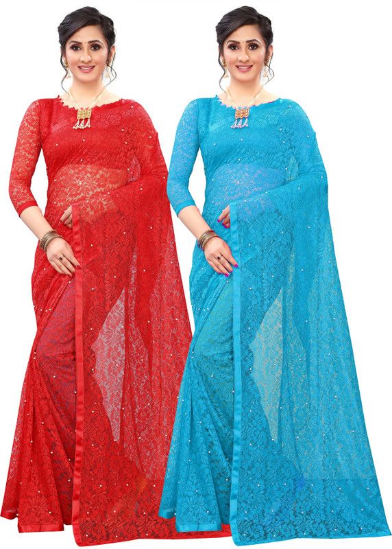 Embellished Bollywood Brasso Saree  (Pack of 2, Light Blue, Red)