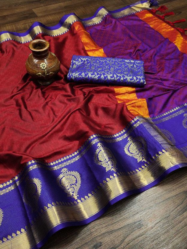 Woven Dharmavaram Pure Silk, Cotton Silk Saree  (Red, Blue)