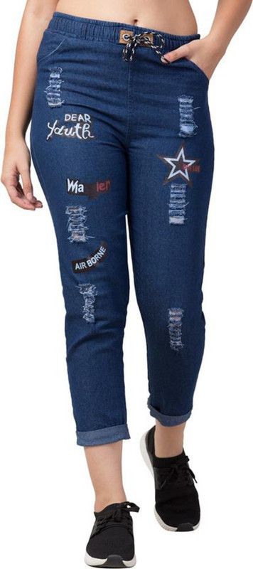 Women Boyfriend Mid Rise Dark Blue Jeans